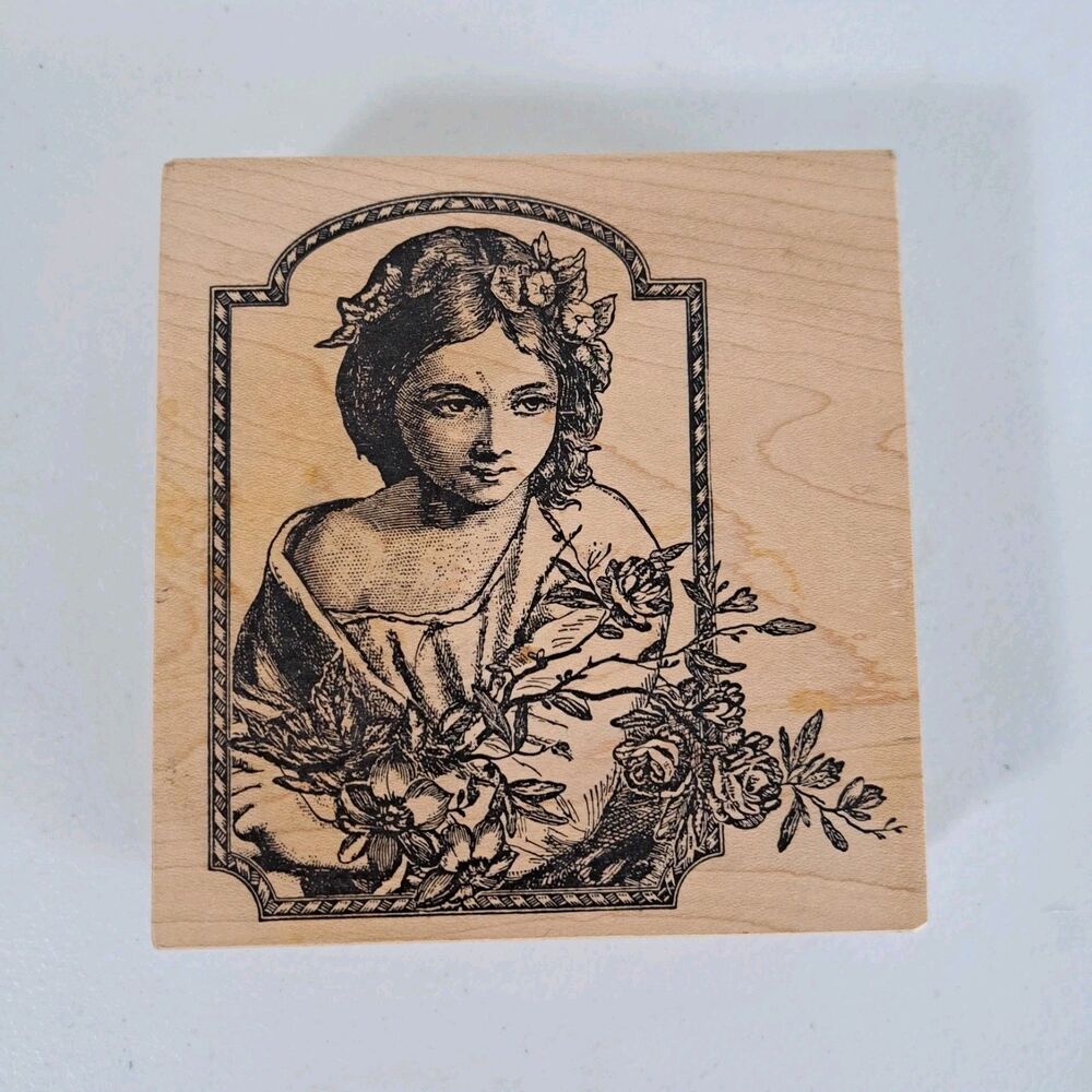 LARGE MAGENTA YOUNG WOMAN ROSES FLOWERS RUBBER STAMP WOOD MOUNTED FLOWER GIRL